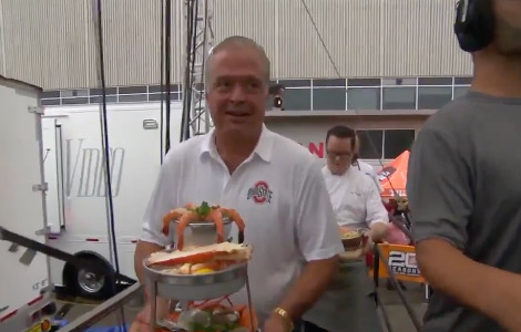 Cameron Mitchell on ESPN Game Day TV Show giving a seafood tower to ESPN hosts